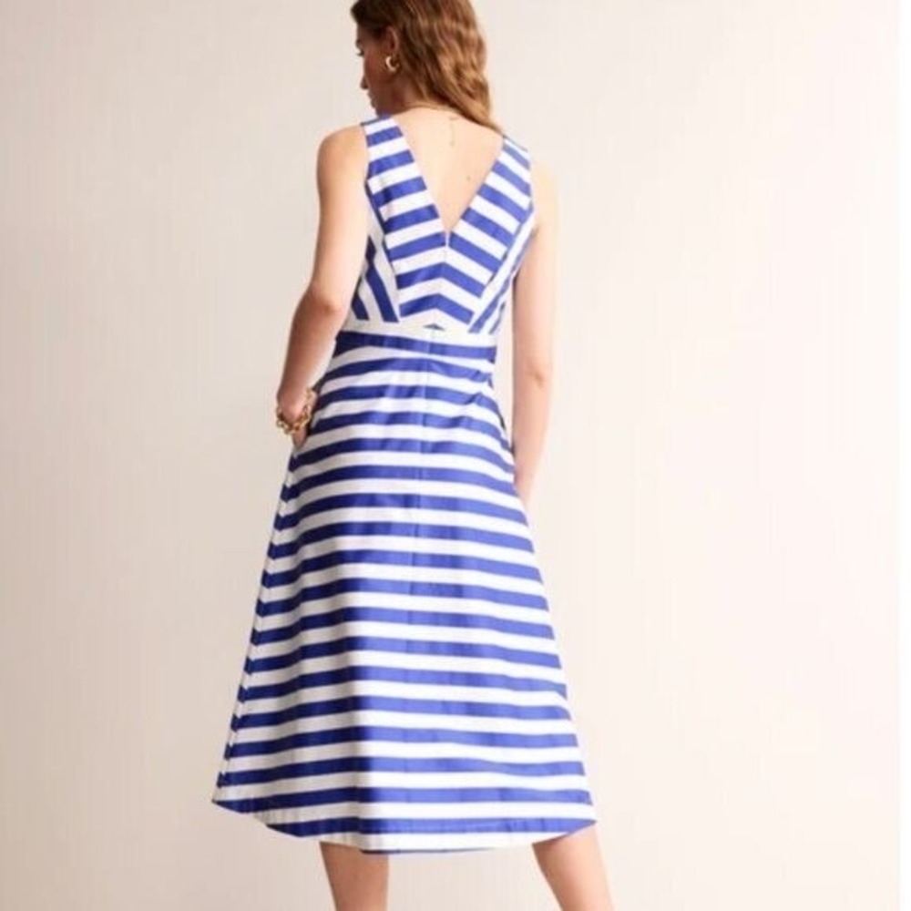 Boden Blue White Striped V-Neck Fit and Flare Midi Dress with Pockets Size 16R - Picture 14 of 14